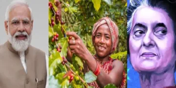 കോരാപുട്ടിലെ കാപ്പിഎസ്റ്റേറ്റില്‍ ഗോത്രവര്‍ഗ്ഗക്കാരി (നടുവില്‍) മോദി (ഇടത്ത്) ഇന്ദിരാഗാന്ധി (വലത്ത്)