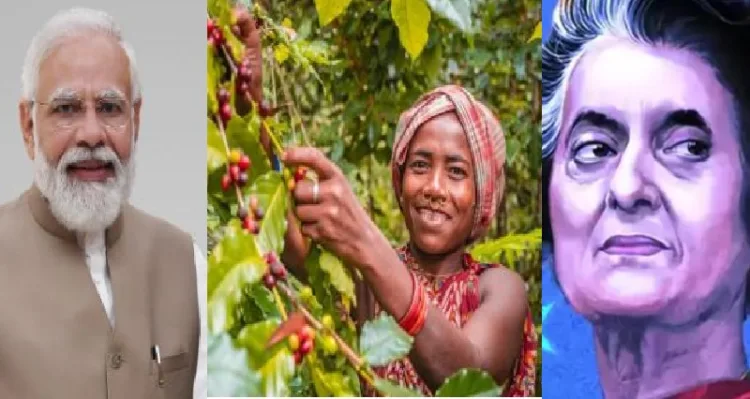 കോരാപുട്ടിലെ കാപ്പിഎസ്റ്റേറ്റില്‍ ഗോത്രവര്‍ഗ്ഗക്കാരി (നടുവില്‍) മോദി (ഇടത്ത്) ഇന്ദിരാഗാന്ധി (വലത്ത്)