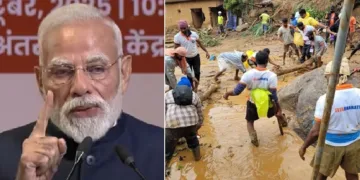 സേവാഭാരതി പ്രവര്‍ത്തകര്‍ വയനാട്ടിലെ ഉരുള്‍പൊട്ടലില്‍ സഹായമെത്തിക്കുന്നു (വലത്ത്)