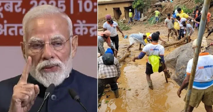 സേവാഭാരതി പ്രവര്‍ത്തകര്‍ വയനാട്ടിലെ ഉരുള്‍പൊട്ടലില്‍ സഹായമെത്തിക്കുന്നു (വലത്ത്)