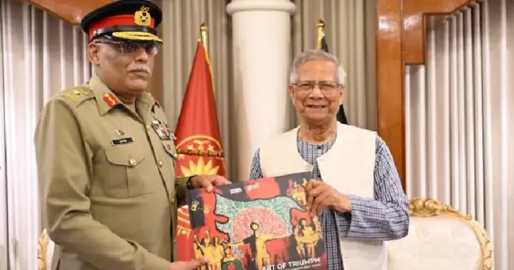 വടക്ക് കിഴക്കന്‍ സംസ്ഥാനങ്ങള്‍ ബംഗ്ലാദേശില്‍ ഉള്‍പ്പെടുത്തിക്കൊണ്ടുള്ള ഭൂപടം പാകിസ്ഥാന്‍റെ പട്ടാള ജനറലിന് മുഹമ്മദ് യൂനസ് സമ്മാനിക്കുന്നു
