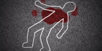 white shape of body and blood stains on asphalt texture