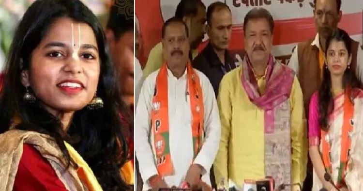 മൈഥിലി താക്കൂര്‍ ബിജെപിയില്‍ ചേരുന്നതായി പ്രഖ്യാപിക്കുന്ന വാര്‍ത്താസമ്മേളനം (വലത്ത്)