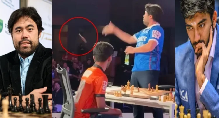 ഹികാരു നകാമുറ (ഇടത്ത്) ഗുകേഷ് (വലത്ത്) വിജയിച്ച ശേഷം ഗുകേഷിന്‍റെ കിംഗിനെ കാണികള്‍ക്ക് എറിഞ്ഞു കൊടുക്കുന്ന ഹികാരു (നടുവില്‍)