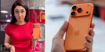 ഇന്ത്യാ ടൂഡേയുടെ സീനിയര്‍ എഡിറ്റര്‍ സൊണാല്‍ മെഹ്റോത്ര കപൂര്‍ ഈ ഐ ഫോണ്‍ 17ന്‍റെ ഓറഞ്ച് മോഡലിനെ എക്സില്‍ പരിചയപ്പെടുത്തുന്നു(ഇടത്ത്) ഓറഞ്ച് കേസോട് കൂടിയ ഐ ഫോണ്‍ 17 (വലത്ത്)