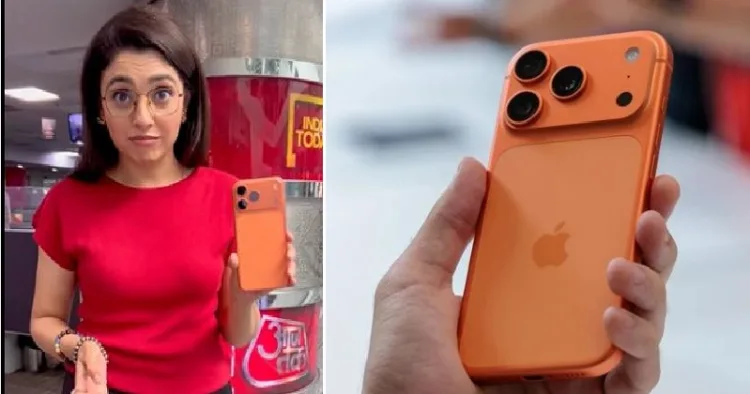 ഇന്ത്യാ ടൂഡേയുടെ സീനിയര്‍ എഡിറ്റര്‍ സൊണാല്‍ മെഹ്റോത്ര കപൂര്‍ ഈ ഐ ഫോണ്‍ 17ന്‍റെ ഓറഞ്ച് മോഡലിനെ എക്സില്‍ പരിചയപ്പെടുത്തുന്നു(ഇടത്ത്) ഓറഞ്ച് കേസോട് കൂടിയ ഐ ഫോണ്‍ 17 (വലത്ത്)