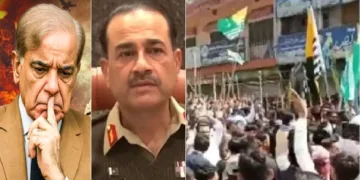 പാകിസ്ഥാന്‍ സര്‍ക്കാരിനെതിരെ സ്വയംഭരണാവകാശം ആവശ്യപ്പെട്ട് പാക് അധീന ജമ്മു കശ്മീരില്‍ നടക്കുന്ന മൂന്ന് ദിവസമായി തുടരുന്ന പ്രതിഷേധം (വലത്ത്)