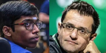 പ്രജ്ഞാനന്ദ (ഇടത്ത്) ലെവൊണ്‍ ആരോണിയന്‍ (വലത്ത്)