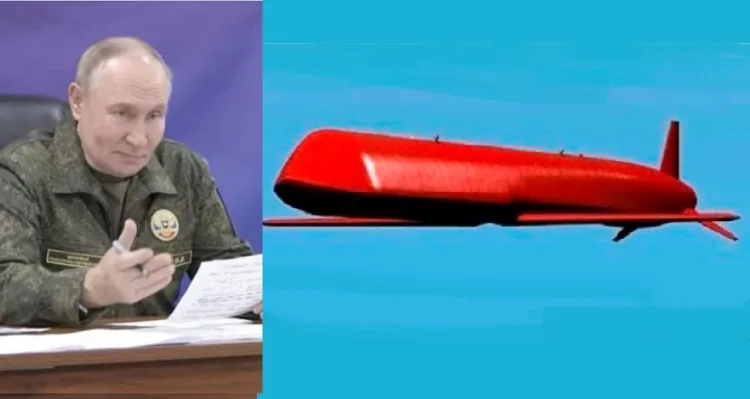 റഷ്യ പുതുതായി പരീക്ഷിച്ച ആണവശേഷിയുള്ള ബ്യൂറെവെസ്റ്റിനിക് ക്രൂയിസ് മിസൈല്‍ (വലത്ത്) പട്ടാളവേഷത്തില്‍ പുടിന്‍ (ഇടത്ത്)