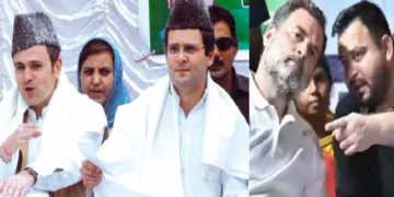 രാഹുല്‍ ഗാന്ധി ഒമര്‍ അബ്ദുള്ളയോടൊപ്പം കശ്മീരില്‍ (ഇടത്ത്) തേജസ്വി യാദവ് പറയുന്നത് മൂളിക്കേള്‍ക്കുന്ന രാഹുല്‍ ബീഹാറില്‍ (വലത്ത്)