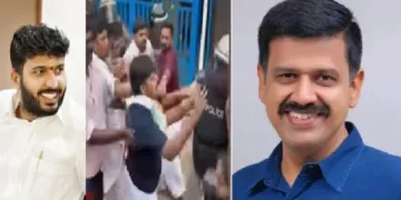പത്തനംതിട്ട ബിജെപി ജില്ലാ സെക്രട്ടറി നിതിന്‍ ശിവ (ഇടത്ത്) സന്ദീപ് വാര്യര്‍ പൊലീസിനെ തള്ളിമാറ്റുന്നു (നടുവില്‍)