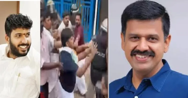 പത്തനംതിട്ട ബിജെപി ജില്ലാ സെക്രട്ടറി നിതിന്‍ ശിവ (ഇടത്ത്) സന്ദീപ് വാര്യര്‍ പൊലീസിനെ തള്ളിമാറ്റുന്നു (നടുവില്‍)