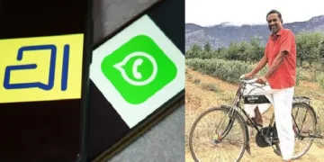 ശ്രീധര്‍ വെമ്പു തന്‍റെ സൈക്കിളില്‍ (വലത്ത്) വാട്സാപിനെ വെല്ലുന്ന അറട്ടൈ ആപ് (ഇടത്ത്)