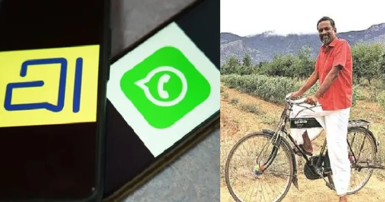 ശ്രീധര്‍ വെമ്പു തന്‍റെ സൈക്കിളില്‍ (വലത്ത്) വാട്സാപിനെ വെല്ലുന്ന അറട്ടൈ ആപ് (ഇടത്ത്)