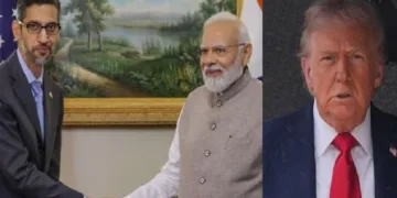 വിശാഖപട്ടണത്ത് എഐ കേന്ദ്രത്തെക്കുറിച്ച് പ്രധാനമന്ത്രിയോട് വിശദീകരിക്കാന്‍ ദല്‍ഹിയില്‍ എത്തിയ ഗൂഗിള്‍ സിഇഒ സുന്ദര്‍ പിച്ചൈ (ഇടത്ത്)