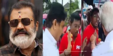 എസി മൊയ്തീന്‍ ട്വന്‍റി ഫോര്‍ ന്യൂസ് മാധ്യമപ്രവര്‍ത്തകനെ തള്ളിമാറ്റുന്നു (വലത്ത്) മന്ത്രി അബ്ദുറഹിമാന്‍ മാധ്യമപ്രവര്‍ത്തകന്‍റെ മൈക്ക് തട്ടിമാറ്റുന്നു (നടുവില്‍)