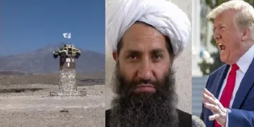 ബഗ്രാം വിമാനത്താവളത്തില്‍ അമേരിക്കയുടെ സൈനിക ട്രക്ക് കെട്ടിത്തൂക്കിയ നിലയില്‍ സ്ഥാപിച്ചിരിക്കുന്നു (ഇടത്ത്) താലിബാന്‍ നേതാവ് സബീബുള്ള (നടുവില്‍) ട്രംപ് (വലത്ത്)