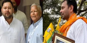 ലാലുവിന്‍റെ മൂത്ത മകന്‍ തേജ് പ്രതാപ് യാദവ് (വലത്ത്) ലാലുവും ഇളയമകന്‍ തേജസ്വി യാദവും (ഇടത്ത്)