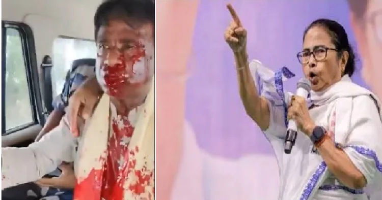 ചോരവാര്‍ന്നൊലിക്കുന്ന മുഖവും ശരീരവുമായി അവശനിലയിലായ ഈ ഗോത്രവര്‍ഗ്ഗ എംപി ഖാഗെന്‍ മുര്‍മു(ഇടത്ത്)