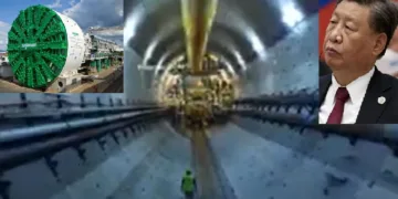 ചൈനയുടെ പ്രസിഡന്‍റ് ഷീ ജിന്‍ പിങ്ങ് (വലത്ത്) ഹെറന്‍ക്നെക്റ്റ് കമ്പനിയുടെ ഏറ്റവും വലിയ തുരങ്കും കുഴിക്കുന്ന യന്ത്രം (ഇടത്ത്) തുരങ്കം (നടുവില്‍)