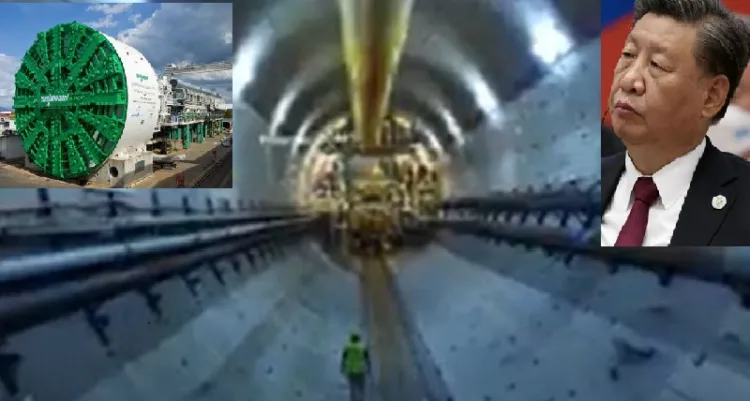 ചൈനയുടെ പ്രസിഡന്‍റ് ഷീ ജിന്‍ പിങ്ങ് (വലത്ത്) ഹെറന്‍ക്നെക്റ്റ് കമ്പനിയുടെ ഏറ്റവും വലിയ തുരങ്കും കുഴിക്കുന്ന യന്ത്രം (ഇടത്ത്) തുരങ്കം (നടുവില്‍)