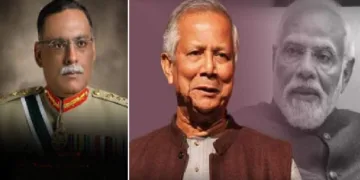 ബംഗ്ലാദേശില്‍ സന്ദര്‍ശനത്തിനെത്തുന്ന പാകിസ്ഥാന്‍ ജനറല്‍ ഷഹീര്‍ ഷംഷദ് മിര്‍സ (ഇടത്ത്) മുഹമ്മദ് യൂനസ് (നടുവില്‍)