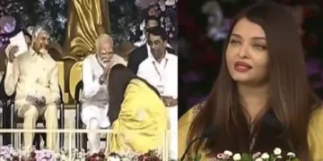 മോദിയുടെ കാല്‍തൊട്ട് വണങ്ങുന്ന ഐശ്വര്യാറായി(ഇടത്ത്)