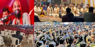 വിപ്ലവ-ഗസല്‍ ഗായകന്‍ അലോഷിയുടെ പാട്ട് കേള്‍ക്കാന്‍ ഒഴിഞ്ഞ കസേരകള്‍ (ഇടത്ത്) നന്ദഗോവിന്ദം ഭജന്‍സിന്‍റെ പാട്ടുകള്‍ കേള്‍ക്കാന്‍ ഗുരുവായൂരില്‍ ലക്ഷങ്ങളെത്തി (വലത്ത്)