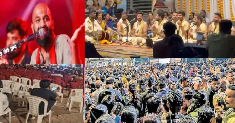 വിപ്ലവ-ഗസല്‍ ഗായകന്‍ അലോഷിയുടെ പാട്ട് കേള്‍ക്കാന്‍ ഒഴിഞ്ഞ കസേരകള്‍ (ഇടത്ത്) നന്ദഗോവിന്ദം ഭജന്‍സിന്‍റെ പാട്ടുകള്‍ കേള്‍ക്കാന്‍ ഗുരുവായൂരില്‍ ലക്ഷങ്ങളെത്തി (വലത്ത്)