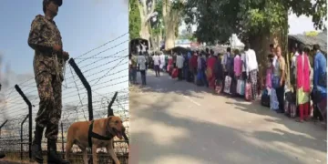 ബംഗാളില്‍ നിന്നും ബംഗ്ലാദേശിലേക്ക് രക്ഷപ്പെടാന്‍ അനധികൃതമായി ബംഗാളിലേക്ക് നുഴഞ്ഞുകയറിയ ബംഗ്ലാദേശി രോഹിംഗ്യ മുസ്ലിങ്ങളുടെ തിക്കും തിരക്കും (വലത്ത്) അവരെ പരിശോധിക്കുന്ന ബിഎസ് എഫ് ജവാന്‍ (ഇടത്ത്)