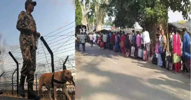 ബംഗാളില്‍ നിന്നും ബംഗ്ലാദേശിലേക്ക് രക്ഷപ്പെടാന്‍ അനധികൃതമായി ബംഗാളിലേക്ക് നുഴഞ്ഞുകയറിയ ബംഗ്ലാദേശി രോഹിംഗ്യ മുസ്ലിങ്ങളുടെ തിക്കും തിരക്കും (വലത്ത്) അവരെ പരിശോധിക്കുന്ന ബിഎസ് എഫ് ജവാന്‍ (ഇടത്ത്)