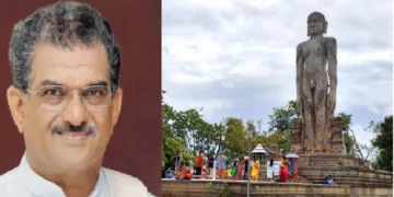 ധര്‍മ്മസ്ഥല ക്ഷേത്രാധികാരി വീരേന്ദ്ര ഹെഗ്ഗഡെ (ഇടത്ത്) ക്ഷേത്രത്തിലെ കൂറ്റന്‍ ബാഹുബലി പ്രതിമ (വലത്ത്)