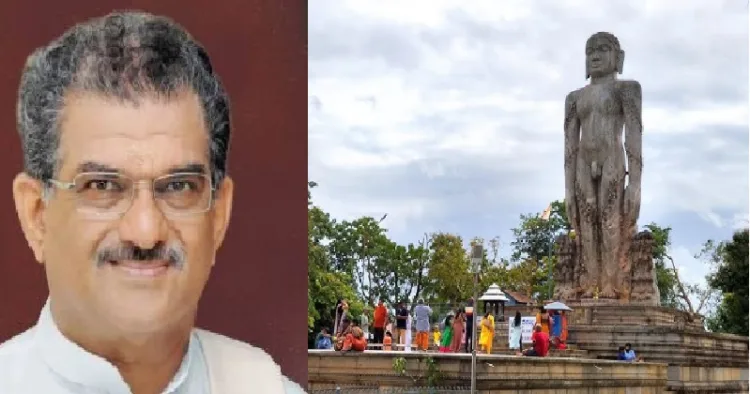 ധര്‍മ്മസ്ഥല ക്ഷേത്രാധികാരി വീരേന്ദ്ര ഹെഗ്ഗഡെ (ഇടത്ത്) ക്ഷേത്രത്തിലെ കൂറ്റന്‍ ബാഹുബലി പ്രതിമ (വലത്ത്)