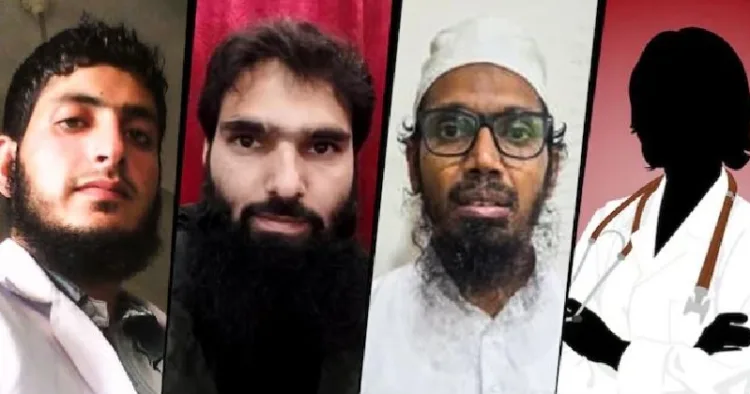 കശ്മീരില്‍ സ്ഫോടനം നടത്താന്‍ പദ്ധതിയിട്ട ഭീകരരായ ഡോക്ടര്‍ മുസമ്മല്‍ ഷക്കീല്‍, ഡോക്ടര്‍ ആദില്‍ അഹമ്മദ് റാഥര്‍, ഡോക്ടര്‍ അഹമ്മദ് മൊഹിയുദ്ദീന്‍ സയ്യിദ്, വനിതാഡോക്ടറായ ഷഹീന്‍ ഷഹീദിന്‍റെ പ്രതീകാത്മകചിത്രം (ഇടത്ത് നിന്നും വലത്തോട്ട്)
