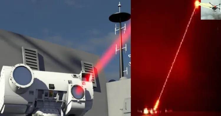 ഡ്രാഗണ്‍ ഫയര്‍ ലേസര്‍ ഉപയോഗിച്ച് ഡ്രോണിനെ കരിച്ചുകളയുന്നു (വലത്ത്)