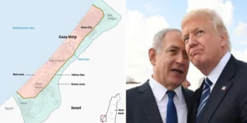 ഗാസയെ പുനര്‍നിര്‍മ്മിക്കാനുള്ള പദ്ധതിയുടെ രൂപരേഖ. ഇതില്‍ റോസ് നിറത്തില്‍ അടയാളപ്പെടുത്തിയ ഭാഗമാണ് പലസ്തീനികള്‍ക്ക് നല്‍കാന്‍ പോകുന്ന റെഡ് സോണ്‍ (ഇടത്ത്)