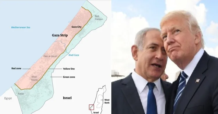 ഗാസയെ പുനര്‍നിര്‍മ്മിക്കാനുള്ള പദ്ധതിയുടെ രൂപരേഖ. ഇതില്‍ റോസ് നിറത്തില്‍ അടയാളപ്പെടുത്തിയ ഭാഗമാണ് പലസ്തീനികള്‍ക്ക് നല്‍കാന്‍ പോകുന്ന റെഡ് സോണ്‍ (ഇടത്ത്)