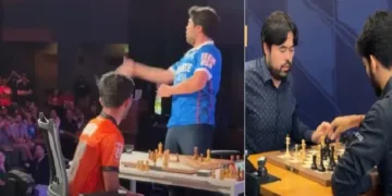 ഗുകേഷിനെ തോല്‍പിച്ച അമേരിക്കന്‍ താരം നകാമുറ ഗുകേഷിന്‍റെ രാജാവിനെ (കിംഗ്) കാണികളുടെ ഇടയിലേക്ക് വലിച്ചെറിയുന്നു (ഇടത്ത്) അമേരിക്കയില്‍ ഈയിടെ നടന്ന ക്ലച്ച് ചെസ്സില്‍ ഹികാരുവിനെ തോല്‍പിക്കുന്ന ഗുകേഷ്- വിജയിച്ചെങ്കിലും ശാന്തനായി സീറ്റില്‍ നിന്നും എഴുന്നേറ്റുപോവുകയായിരുന്നു ഗുകേഷ് (വലത്ത്)