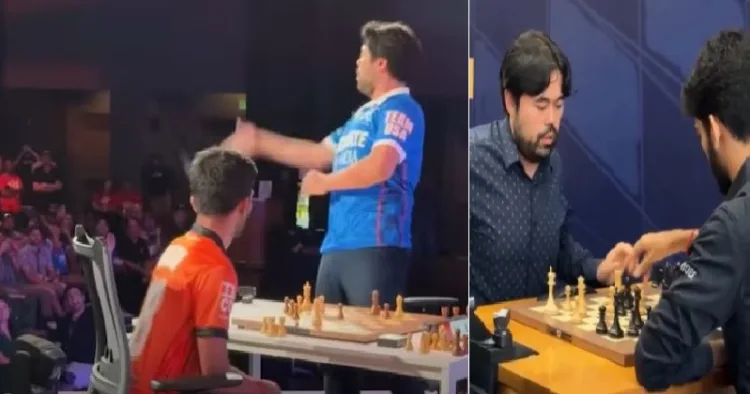 ഗുകേഷിനെ തോല്‍പിച്ച അമേരിക്കന്‍ താരം നകാമുറ ഗുകേഷിന്‍റെ രാജാവിനെ (കിംഗ്) കാണികളുടെ ഇടയിലേക്ക് വലിച്ചെറിയുന്നു (ഇടത്ത്) അമേരിക്കയില്‍ ഈയിടെ നടന്ന ക്ലച്ച് ചെസ്സില്‍ ഹികാരുവിനെ തോല്‍പിക്കുന്ന ഗുകേഷ്- വിജയിച്ചെങ്കിലും ശാന്തനായി സീറ്റില്‍ നിന്നും എഴുന്നേറ്റുപോവുകയായിരുന്നു ഗുകേഷ് (വലത്ത്)