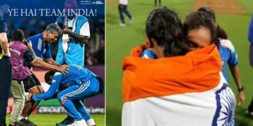 ഹര്‍മന്‍പ്രീത് കൗര്‍ കോച്ച് അമോലിന്‍റെ കാല്‍പിടിക്കുന്നു (ഇടത്ത്) ഹര്‍മന്‍പ്രീത് കൗറും സ്മൃതിമന്ഥനയും ആലിംഗനബദ്ധരായി ഇന്ത്യന്‍ പതാകയ്ക്കുള്ളില്‍ (വലത്ത്)