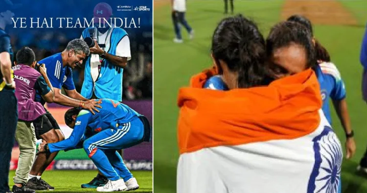 ഹര്‍മന്‍പ്രീത് കൗര്‍ കോച്ച് അമോലിന്‍റെ കാല്‍പിടിക്കുന്നു (ഇടത്ത്) ഹര്‍മന്‍പ്രീത് കൗറും സ്മൃതിമന്ഥനയും ആലിംഗനബദ്ധരായി ഇന്ത്യന്‍ പതാകയ്ക്കുള്ളില്‍ (വലത്ത്)