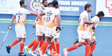 കാനഡയ്‌ക്കെതിരെ ഗോള്‍ നേട്ടം ആഘോഷിക്കുന്ന ഭാരത ഹോക്കി ടീം