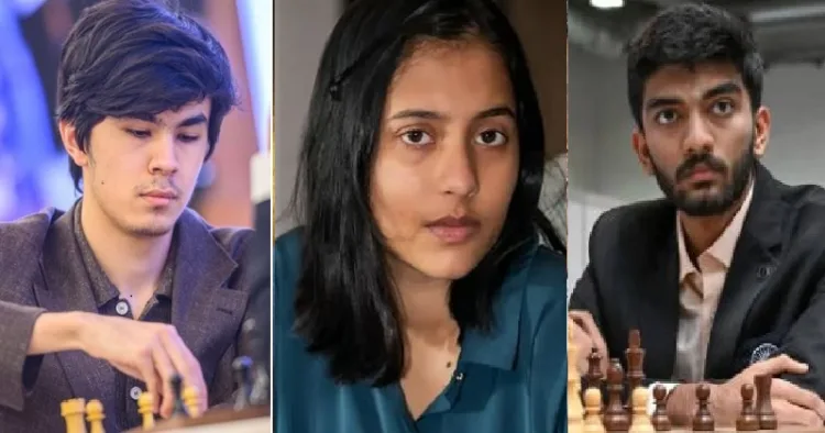 ഗോവ ഫിഡെ ലോകചെസ്സില്‍ ചാമ്പ്യനായ ജൊവോഖിര്‍ സിന്‍ഡൊറോവ് (ഇടത്ത്) ഇന്ത്യയുടെ ദിവ്യ ദേശ് മുഖ് (നടുവില്‍) ഗുകേഷ് (വലത്ത്)