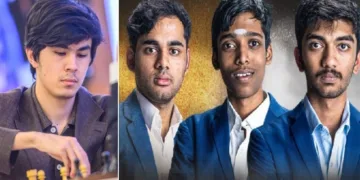 ഗോവ ഫിഡെ ലോക ചെസ് ചാമ്പ്യനായ ഉസ്ബെക്കിസ്ഥാന്‍ താരം ജൊവോഖിര്‍ സിന്‍ഡൊറോവ് (ഇടത്ത്) ഈ ടൂര്‍ണ്ണമെന്‍റില്‍ തോറ്റുപുറത്തായ ഒന്നും രണ്ടും മൂന്നും സീഡുകാരായ ഇന്ത്യയുടെ ഗുകേഷ്, അര്‍ജുന്‍ എരിഗെയ്സി, പ്രജ്ഞാനന്ദ(വലത്ത്)