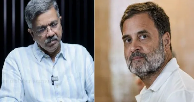 ജേണലിസ്റ്റ് കെ.ജെ. ജേക്കബ്ബ് (ഇടത്ത്) രാഹുല് ഗാന്ധി (വലത്ത്)