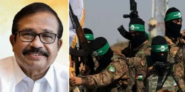 മുസ്ലിം ലീഗ് നേതാവ് കെഎന്‍എ ഖാദര്‍ (ഇടത്ത്) ഹമാസ് ഭീകരര്‍ (വലത്ത്)