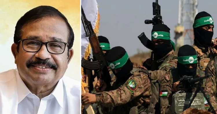 മുസ്ലിം ലീഗ് നേതാവ് കെഎന്‍എ ഖാദര്‍ (ഇടത്ത്) ഹമാസ് ഭീകരര്‍ (വലത്ത്)