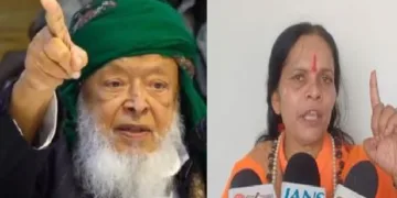 മൗലാന അര്‍ഷദ് മദനി (ഇടത്ത്) സാധ്വി പ്രാചി (വലത്ത്)