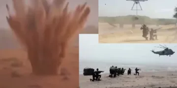 മരുജ്വാല എന്ന പേരില്‍ ത്രിശൂലിന്‍റെ ഭാഗമായി കരസേന നടത്തിയ അഭ്യാസപ്രകടനങ്ങളുടെ ഭാഗമായി നടന്ന ബോംബ് സ്ഫോടനം (ഇടത്ത്) സൈനികാഭ്യാസങ്ങള്‍ (വലത്ത് മുകളിലും താഴെയും)