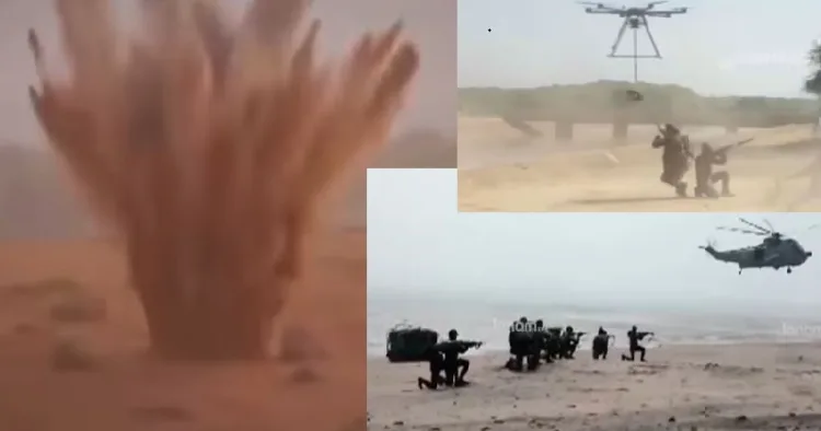 മരുജ്വാല എന്ന പേരില്‍ ത്രിശൂലിന്‍റെ ഭാഗമായി കരസേന നടത്തിയ അഭ്യാസപ്രകടനങ്ങളുടെ ഭാഗമായി നടന്ന ബോംബ് സ്ഫോടനം (ഇടത്ത്) സൈനികാഭ്യാസങ്ങള്‍ (വലത്ത് മുകളിലും താഴെയും)